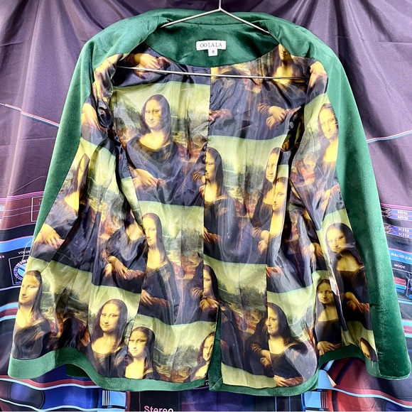 OO LA LA Green Velvet Blazer with Mona Lisa Pattern Lining Women's Size 8 - Picture 2 of 14